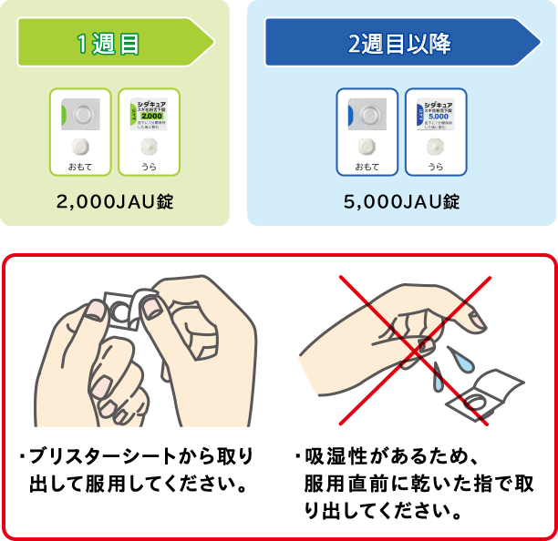 1週目：2,000JAU錠 2週目以降：5,000JAU錠・ブリスターシートから取り出して服用してください。・吸湿性があるため、服用直前に乾いた指で取り出してください。