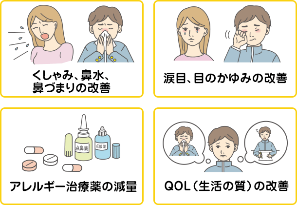 くしゃみ、鼻水、鼻づまりの改善 涙目、目のかゆみの改善 アレルギー治療薬の減量 QOL（生活の質）の改善